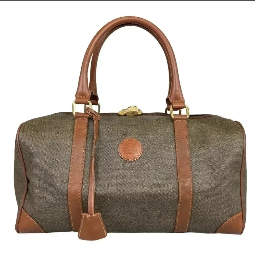 Vintage Fendi Brown Leather and PVC Boston Bag